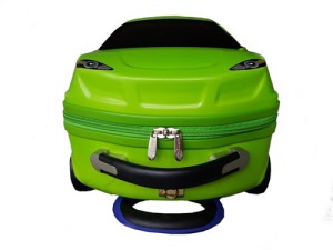 green car wheelie luggage - front end view
